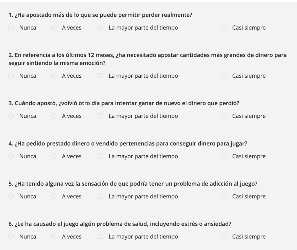Algunas preguntas del test de autoevaluación en Betsson.