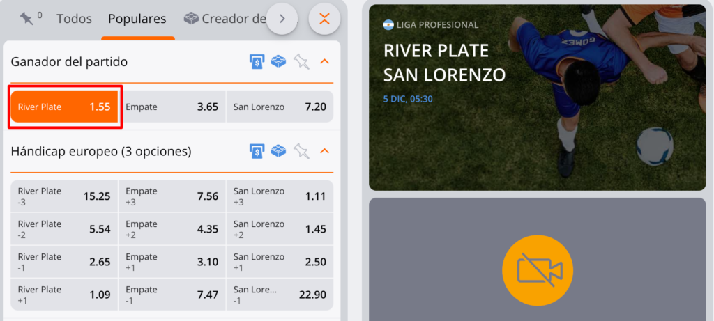 Mercados para apostar en Winng Betsson Argentina