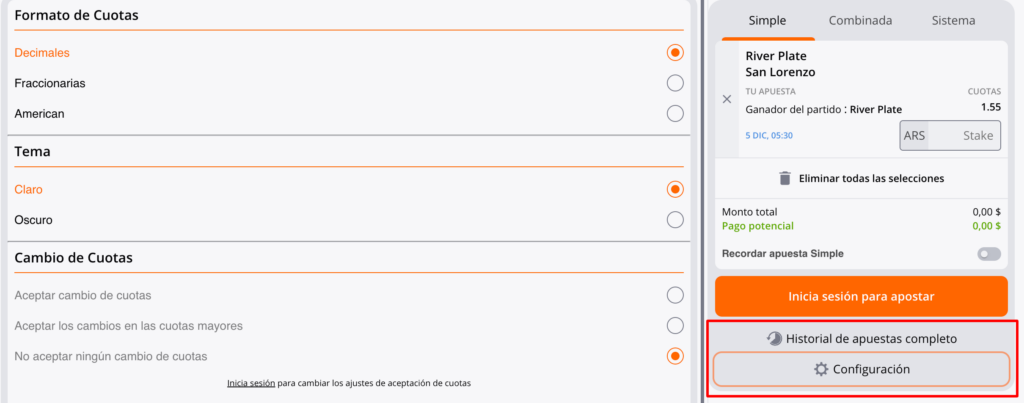 Configuraciones en Winng Betsson Argentina