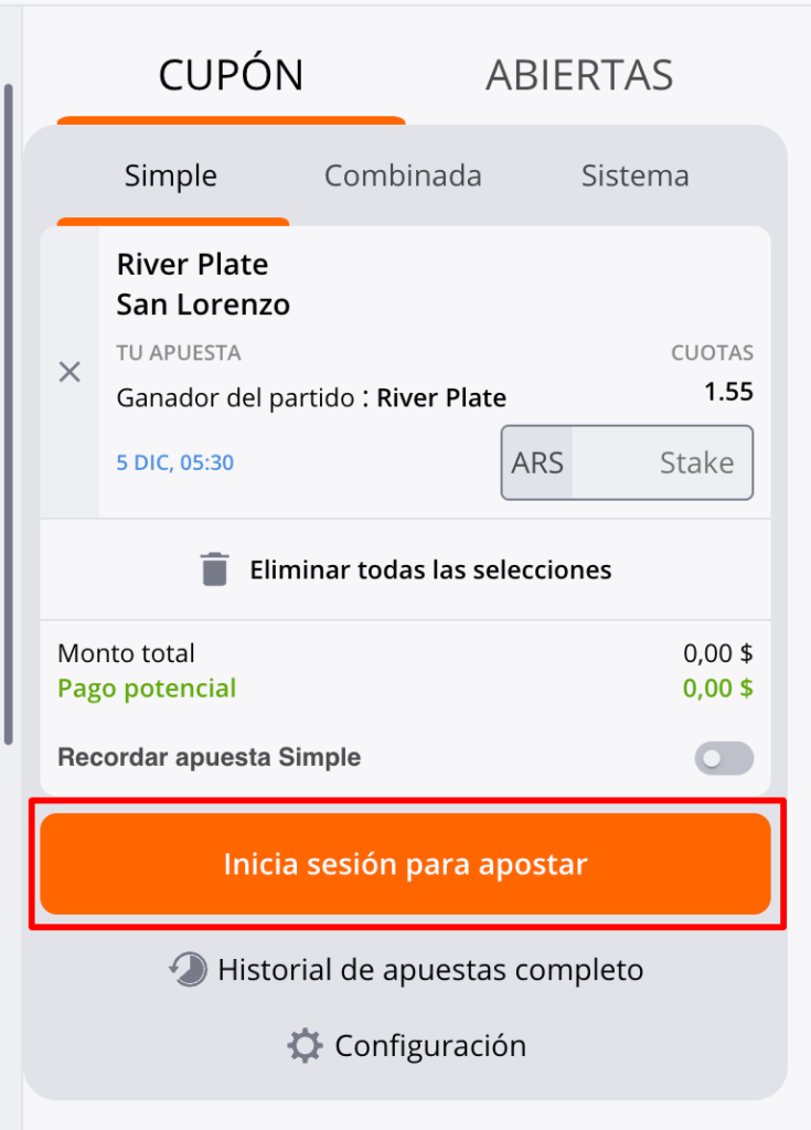 Cupón de apuestas en Winng Betsson Argentina