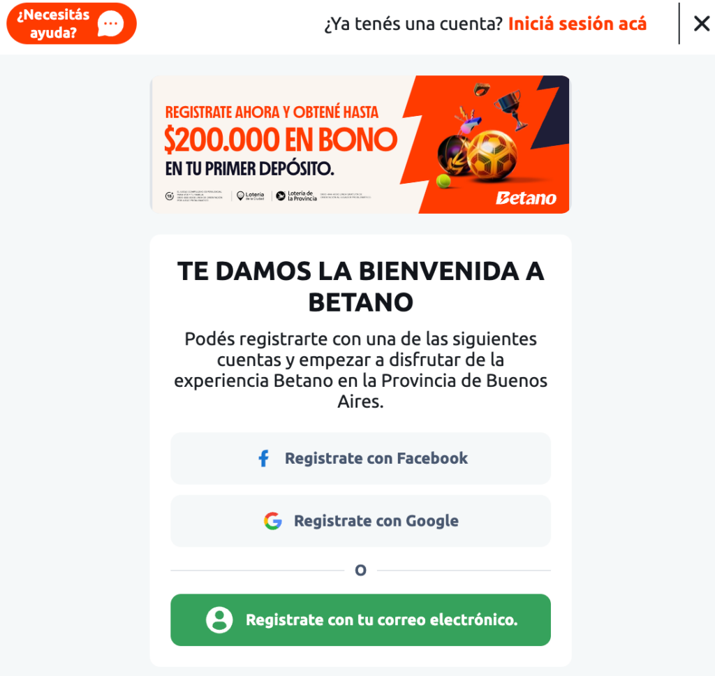 Registrarte con Google o Facebook en Winng Betano
