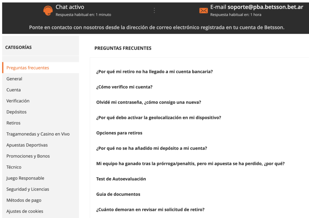 Página de preguntas frecuentes en Winng Betsson Argentina